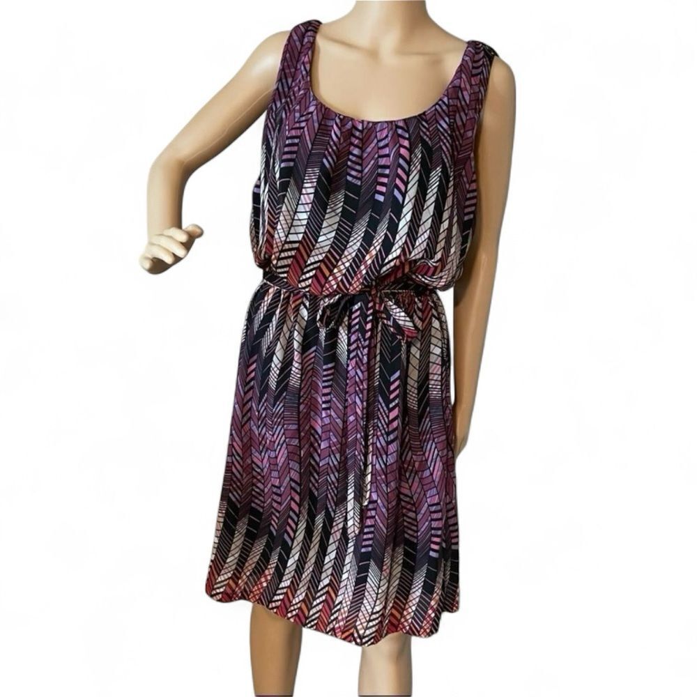 Lola P Sleeveless Geometric Blouson Dress Purple Black White Red Size Large